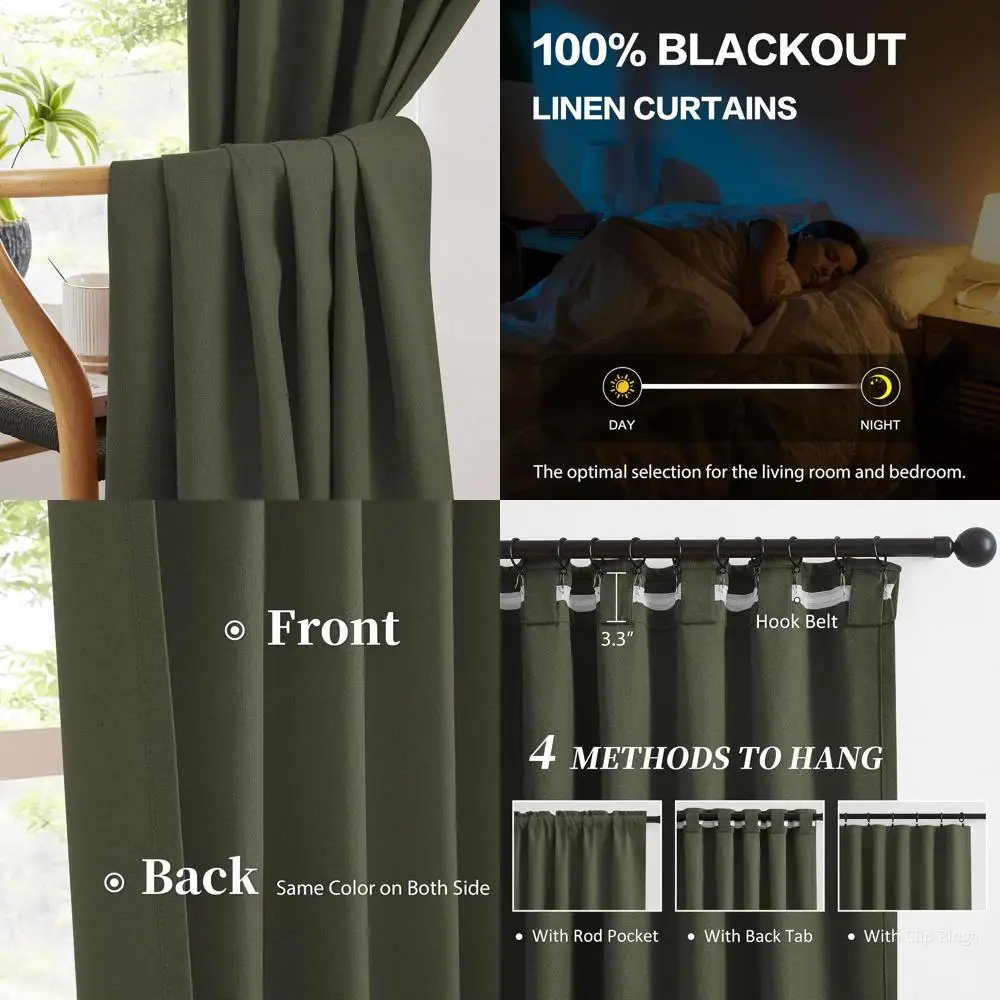 

Faux Linen 50x102-inch Thermal Insulated Blackout Curtains, Dark Olive Green, 2-Panel Set for Bedrooms and Living Rooms