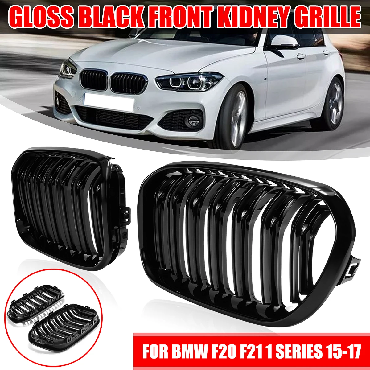 2015-2017 Kratka wyścigowa do BMW F20 F21 120i LCI serii 1 2015 2016 2017 Błyszcząca czarna przednia kratka nerkowa 2 listwy