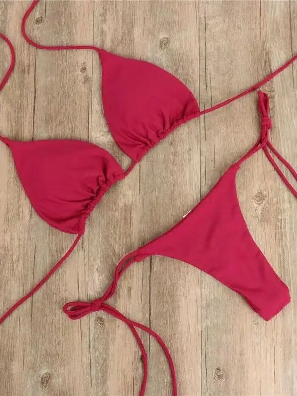 Kobiety seksowne stringi Bikini Set boczne wiązanie na szyi stroje kąpielowe damski pasek z rozcięciem regulowany bandaż styl brazylijski kostium kąpielowy strój kąpielowy