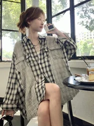 Vintage Patchwork Plaid Shirts Women Autumn Long Sleeve Oversize Button Up Shirt Korean Fashion Casual Fall Outwear Tops 2024