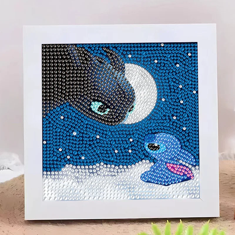 18x18cm 5D Full Round Drill Diamond Painting Kit With Frame Cute Big Ears Blue Alien Pet Ocean Water Wave Pink Flower Blue Backg view 2