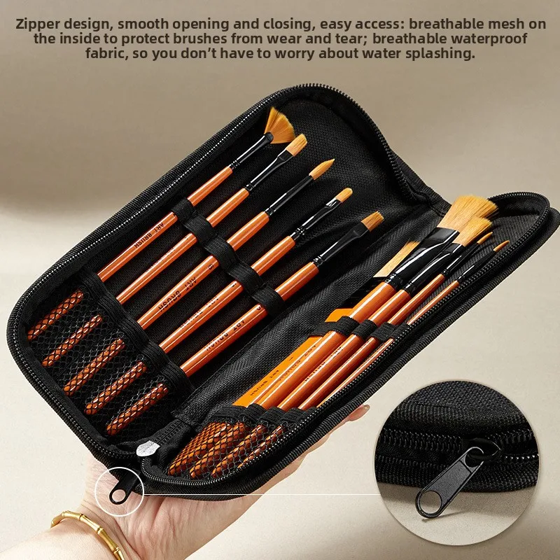 10 Pcds Orange Short Rod Multifunctional Nylon Brush Set with Canvas Bag Watercolor Acrylic Oil Brush Fine Art Painting Tools
