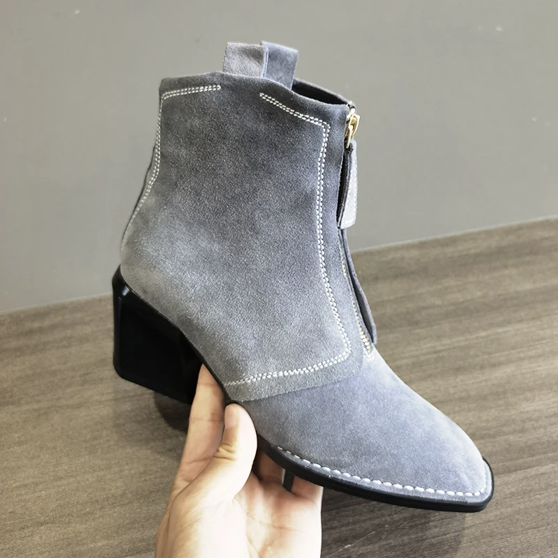 Cow Suede Women Western Boots High Heels Block Heels Front Zipper Square Toe Retro Ladies 2026 New Autumn Winter Ankle Boots