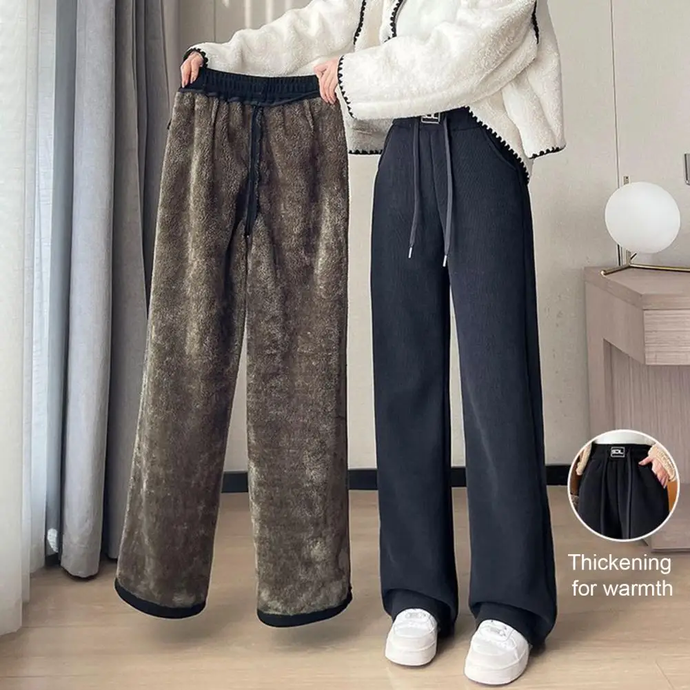 Long Pants Women's High Waist Corduroy Pants Straight Wide Leg Trousers with Fleece Lining for Winter Warmth Solid Color Stylish