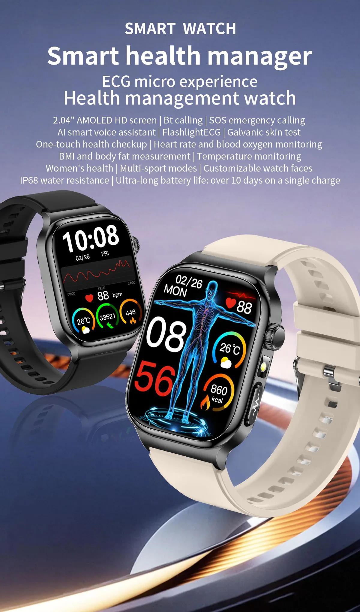 2026 Neue Krankenhausqualität Gesundheits-Smartwatch Körperfett EKG Blutsauerstoff Blutdruck Gesundheits-AMOLED-Bildschirm HD-Anruf Sport-Smartwatches für Herren – Detail 1