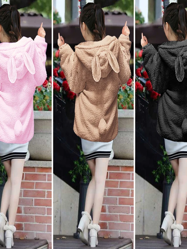 

Trendy Winter Rabbit Ear Hoodie Women's Fleece Lined Thickened Open Cardigan Bear Cute Plush Jacket Zipper Loose Korean Style