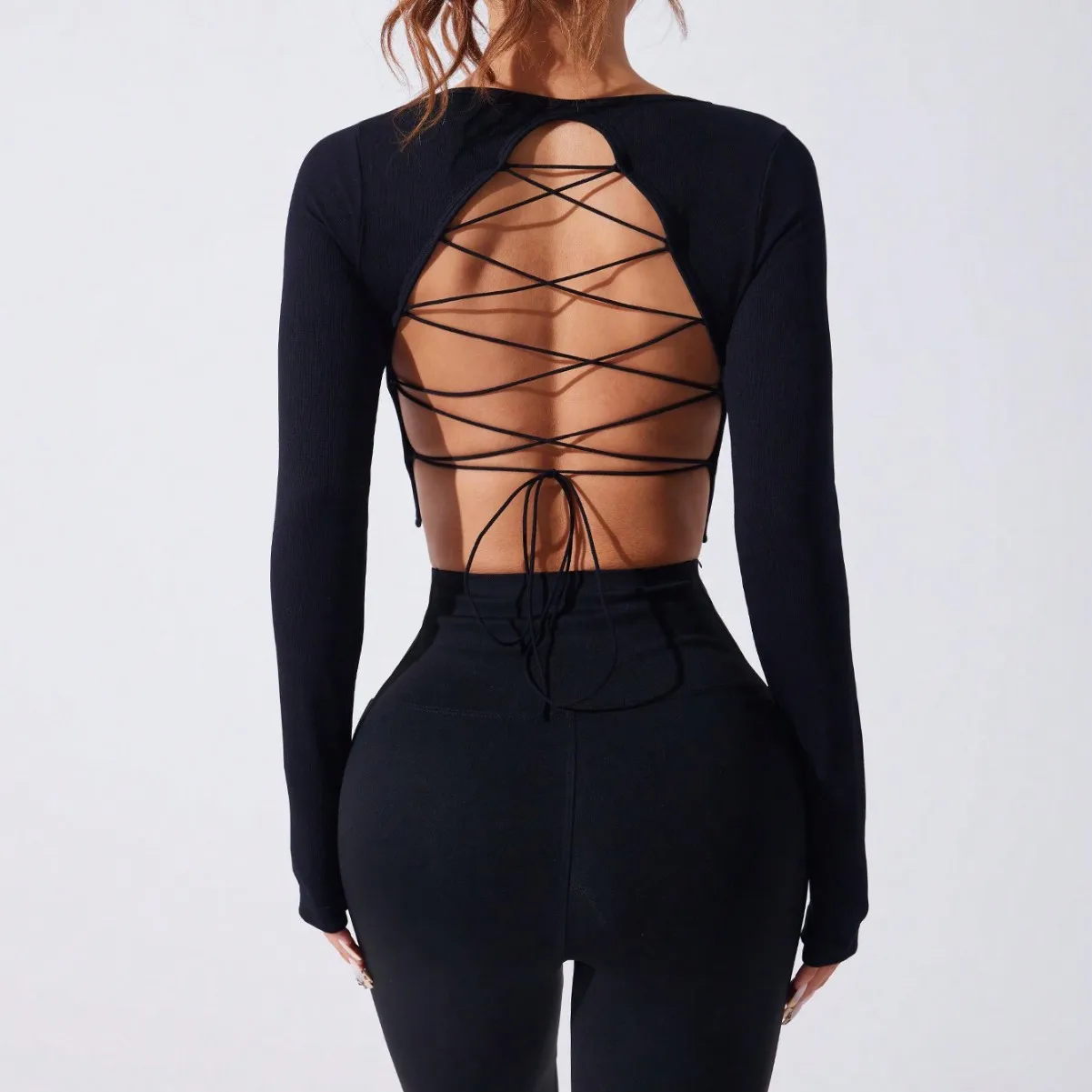 

Women Fitness Crop Top 2026 Spring Summer Women's Black Long Sleeve Base Top Backless Long Fitness Top For Yoga Streetwear