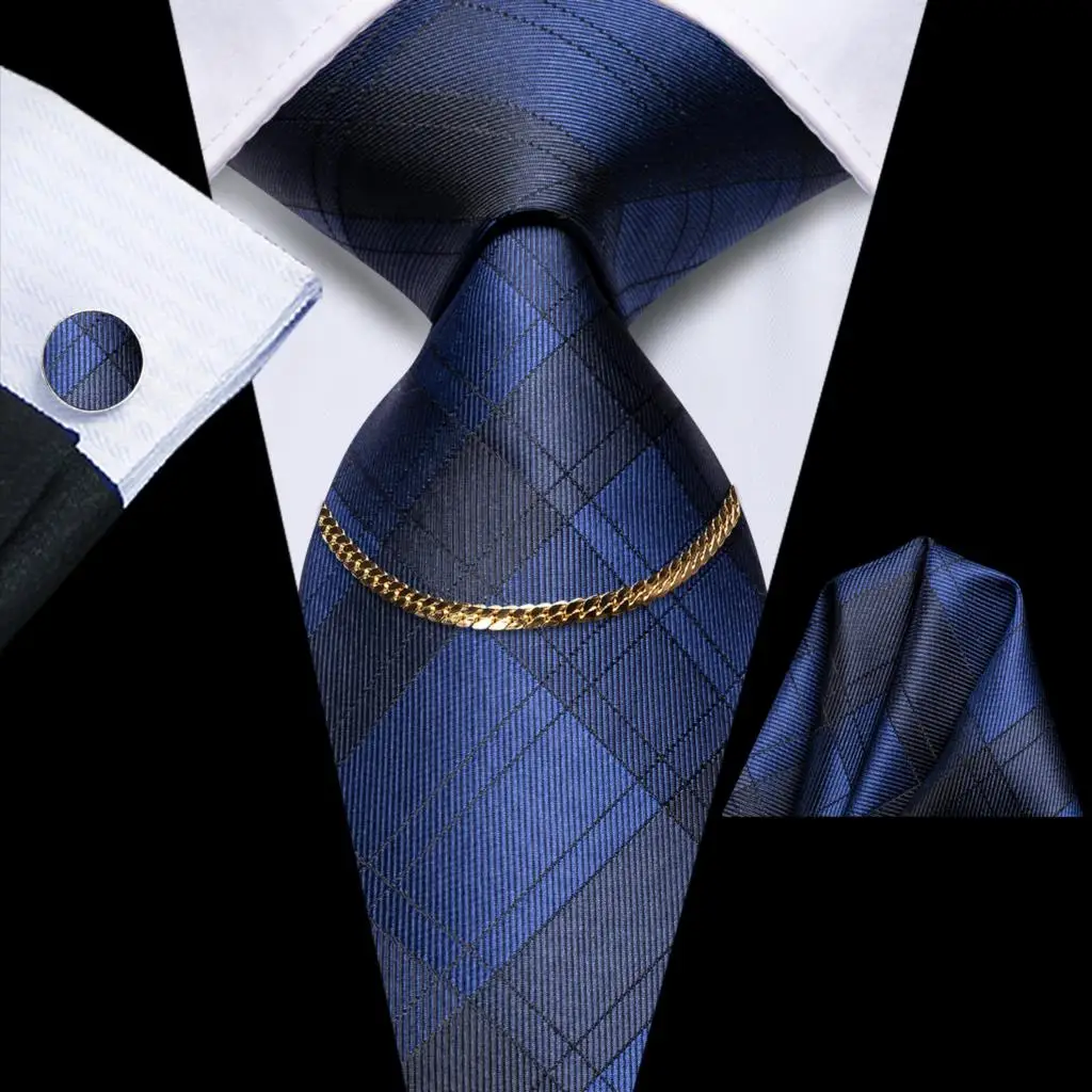 

Classic Plaid Navy Blue Luxury Silk Mens Tie Fashion Necktie Chain Hanky Cufflink Set Gift For Men Wedding Hi-Tie Designer