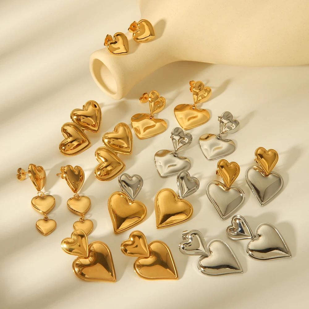 Multi-specification Heart-shaped Heart Metal Wexture Hammered Stainless Steel Earrings 18K Gold-plated Process 2024NEW Jewelry