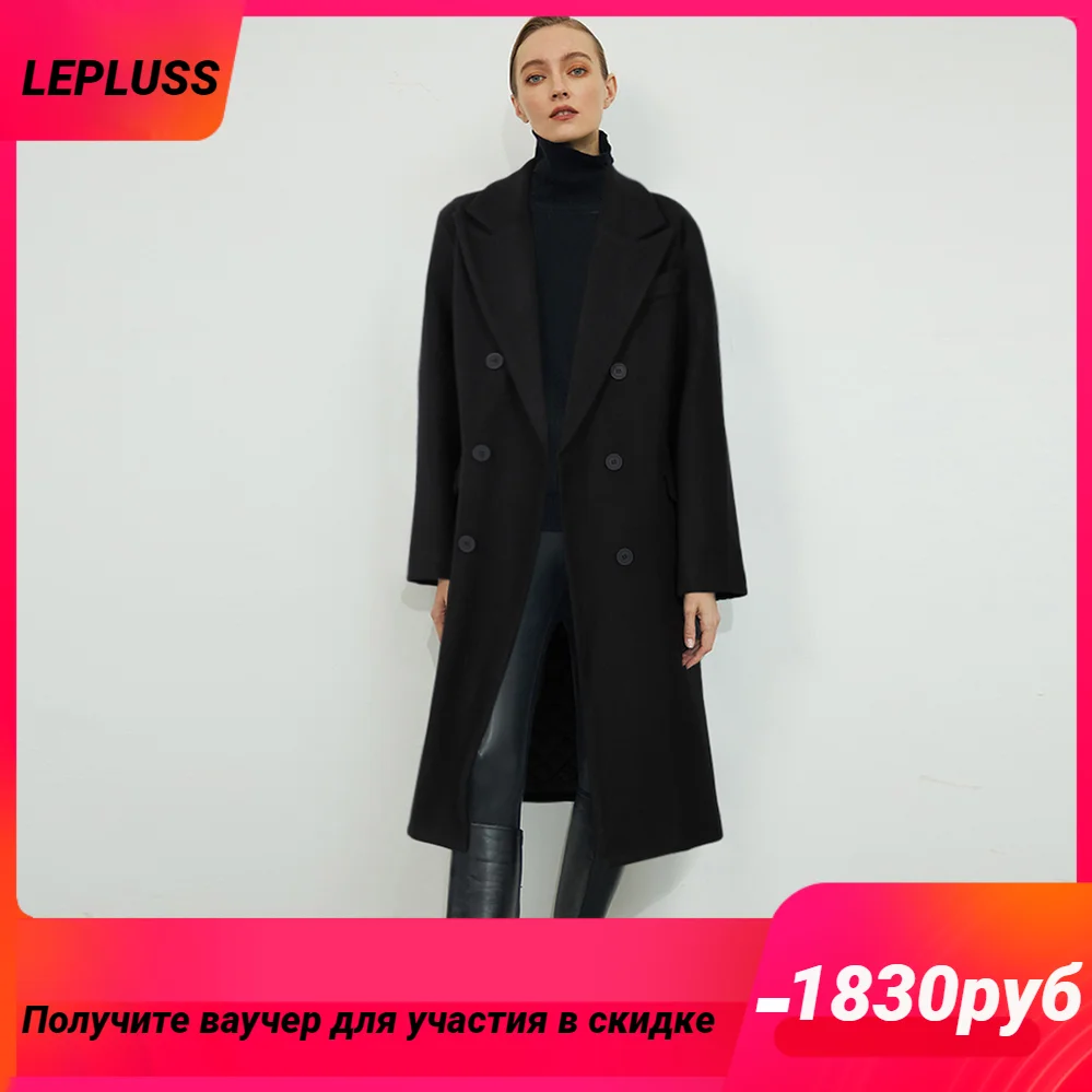 Lusslep women\'s elegant long wool coat single-breasted black warm loose coat winter wool coat