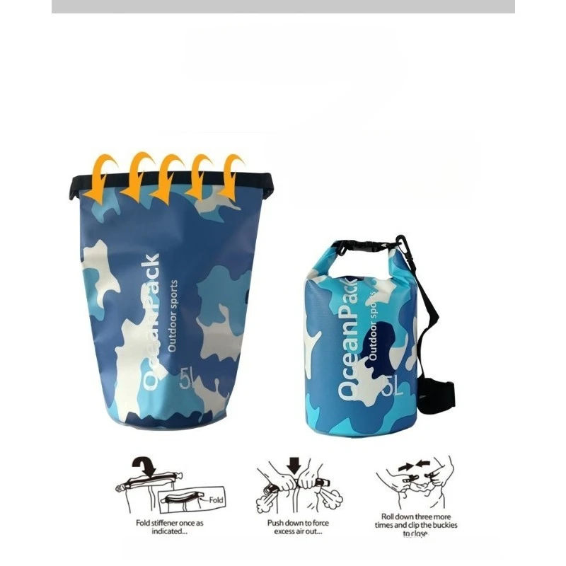 حقيبة سباحة للأطفال، حقيبة كاجوال للتخييم مقاومة للماء، حقيبة شاطئ الانجراف، حقيبة جافة، حقيبة دلو مقاومة للماء من مادة PVC المموهة