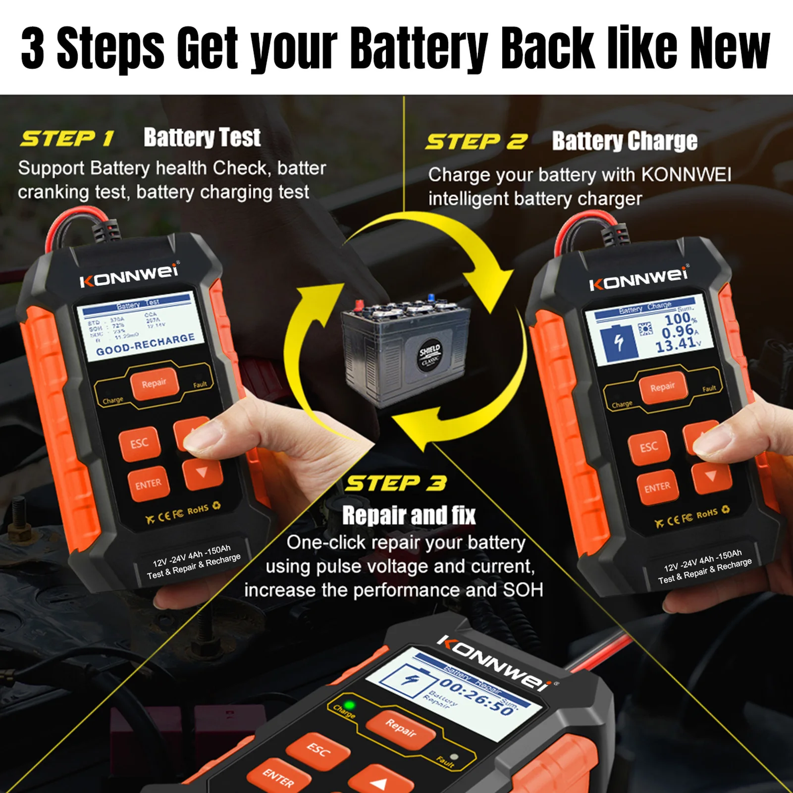 KW520 12V 24V Car Battery Tester Charger and Battery Repairing Tool 3 in 1 Diagnostic Scanner 100-2000CCA Battery Tester
