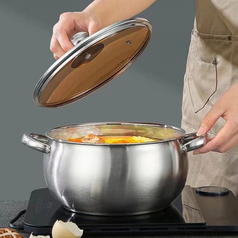 Stainless Steel Cooking Pot, Thickened Ingot Soup Pot, Fast Heating, Energy-saving, Flood-Proof Lid, Home Kitchen Cookware