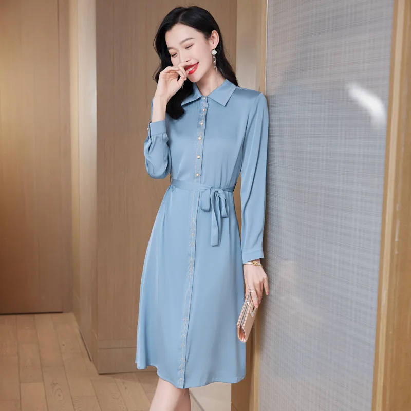 2024 spring women's new heavy polo collar temperament ladies' dress fashion satin mulberry silk skirt