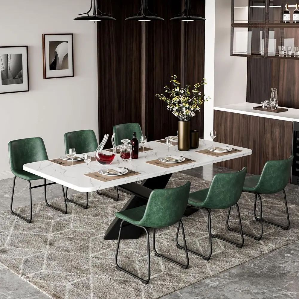 Dining Chairs Set o 6, 18in PU Leather Kitchen Chair with Metal Leg, Green | Waterproo aux Leather, Ergonomic Waist Support, Sta