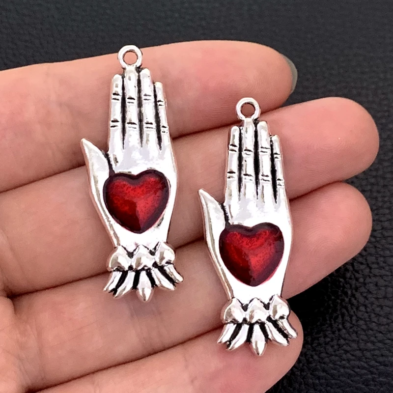 4pcs/ silver-plated gothic pendant earrings with red enamel Mexican Flame Blood Sacred Heart Catholic cross punk hand arrow