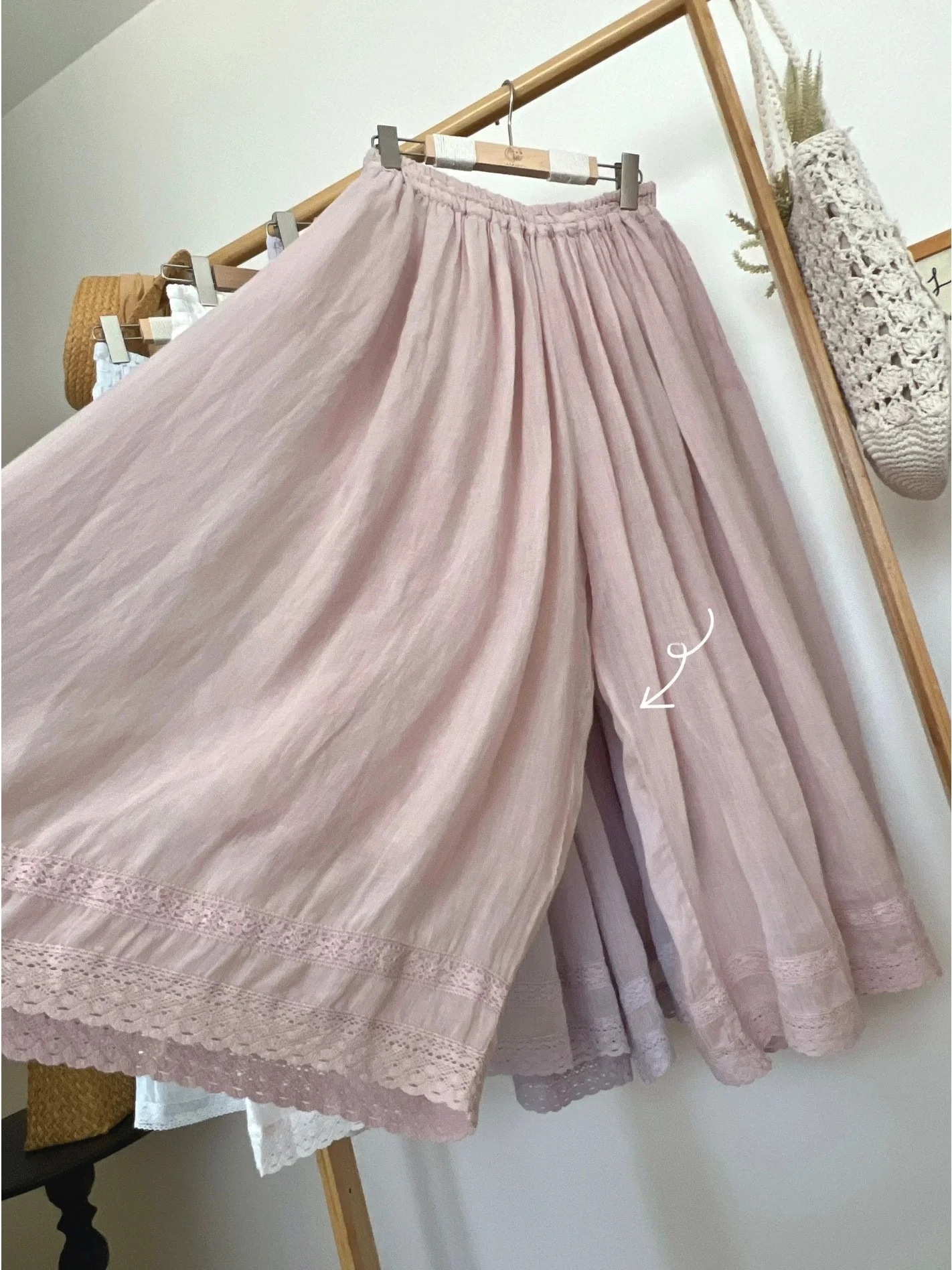 Loose Cotton Linen Double Layer Elastic Lace Trim Wide Leg Pants Artistic Style Comfortable Fit Casual Trousers for Women