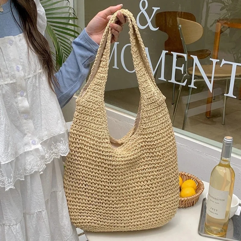 New Fashion Straw Bag Large Beach Shoulder Bag Tote Large Capacity Casual Handwoven Handbag for Vacation Summer