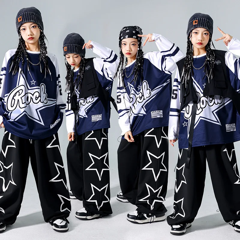 Girls Hip Hop Star Sweatshirt Vest Joggers Pants Boys Cool Streetwear Clothes Set Kids Children Jazz Street Dance K-pop Costumes