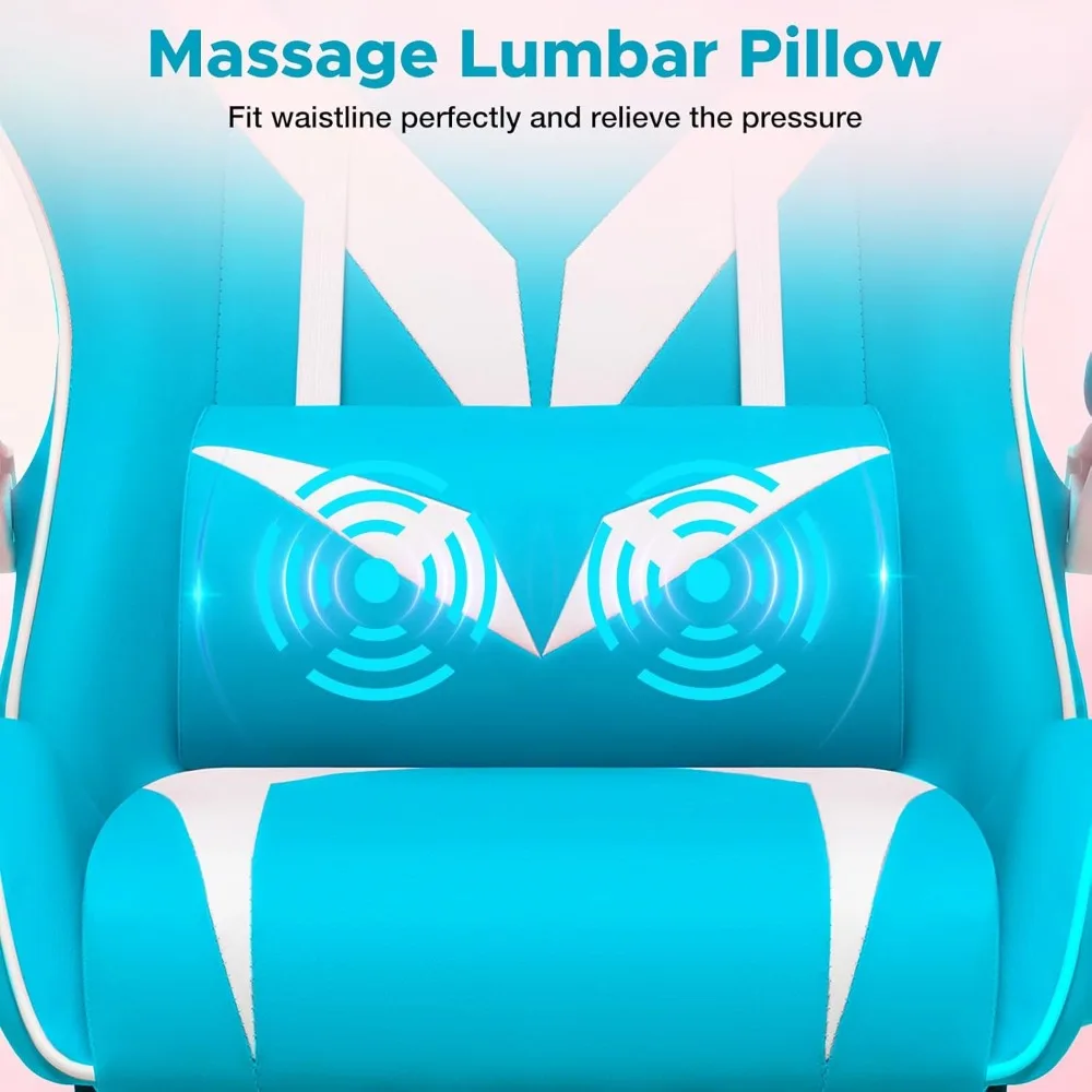 كرسي ألعاب تدليك للأطفال باللونين الأزرق الفاتح والأبيض - كرسي كمبيوتر مستلق مع مسند للقدمين ودعم قطني ومسند للرأس لغرفة الألعاب