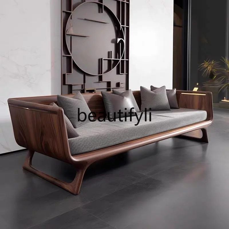 New Chinese Arhat Bed Concubine Couch Zen North American Black Walnut Straight Row Sofa Solid Wood Sofa