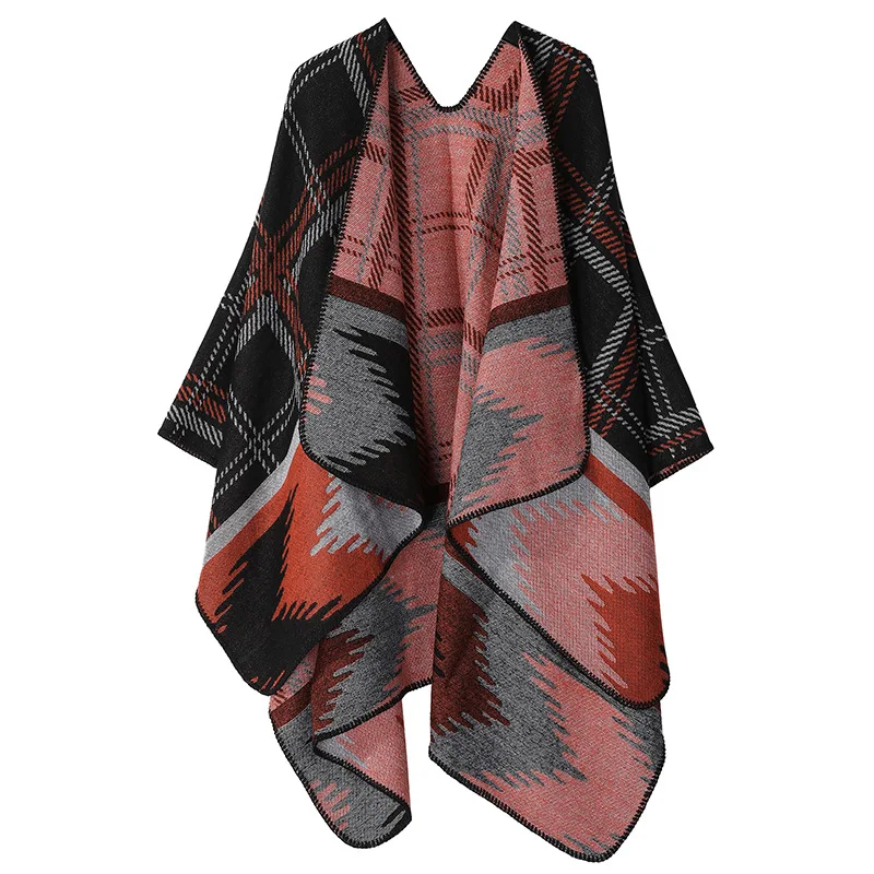 Nordic Retro White Print Poncho Cardigan Faux Cashmere Women Shawl Scarf Jackets Tie-dye Black Blanket Cape Pashmina Claok Coats