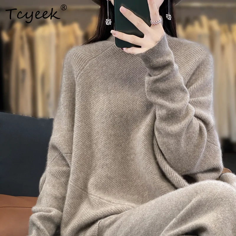 Tcyeek,100% เสื้อขนสัตว์,ผู้หญิงครึ่งคอแขนค้างคาวด้านนอกฐานPullover,2024 ฤดูใบไม้ร่วงและฤดูหนาวใหม่T48002KE