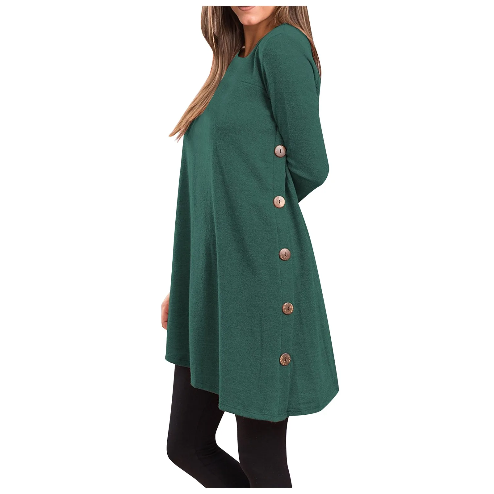 Casual Women Autumn Dress Fashion Side Button Design Dress Long Sleeve Solid Color T-shirt Ladies Party Dress 2023