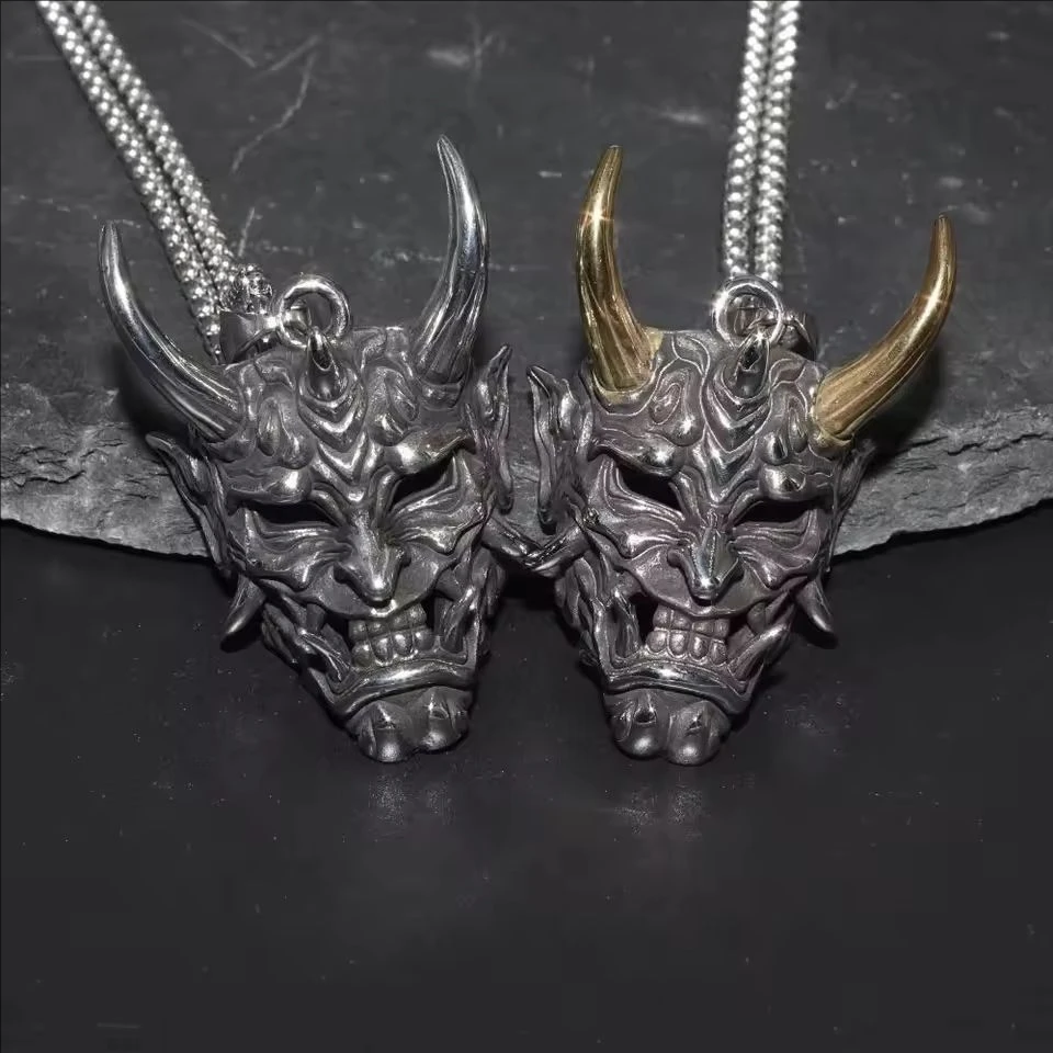 Vintage Punk Demon Mask Samurai Ghost Pendant Necklace Long Chain Hip Hop Rock Party Necklace Accessories Charms Gift for Boys