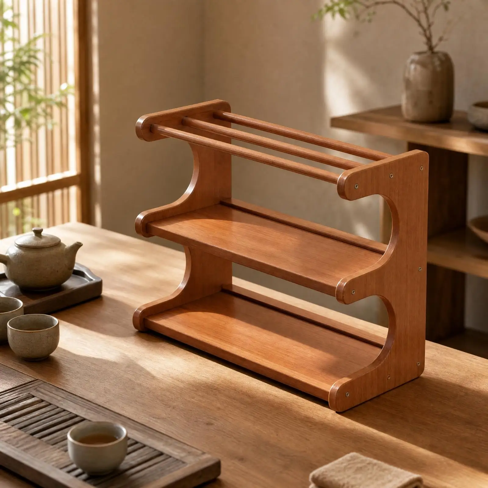 Kitchen Sugar Tea Rack Bamboo Tabletop Storage 3 Tier for Cups Teaware Utensils Freestanding Counter Shelf with Edge Guard