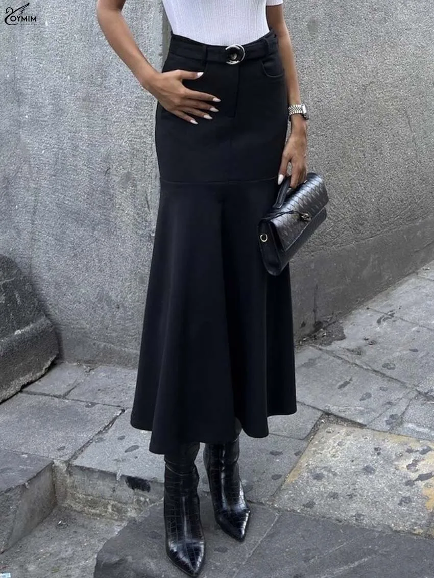 

Oymimi Fashion Black Women's Skirts Spring Elegant High Waisted Pockets Zipper Skirts Casual New Ruffled Mid-Calf Skirts Female