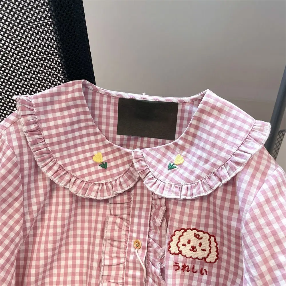 2024 New Plaid Embroidered Shirts Ladies Cute Preppy Style Tops Cartoon Blouses Summer Fashion All-match Loose Women\'s Clothing