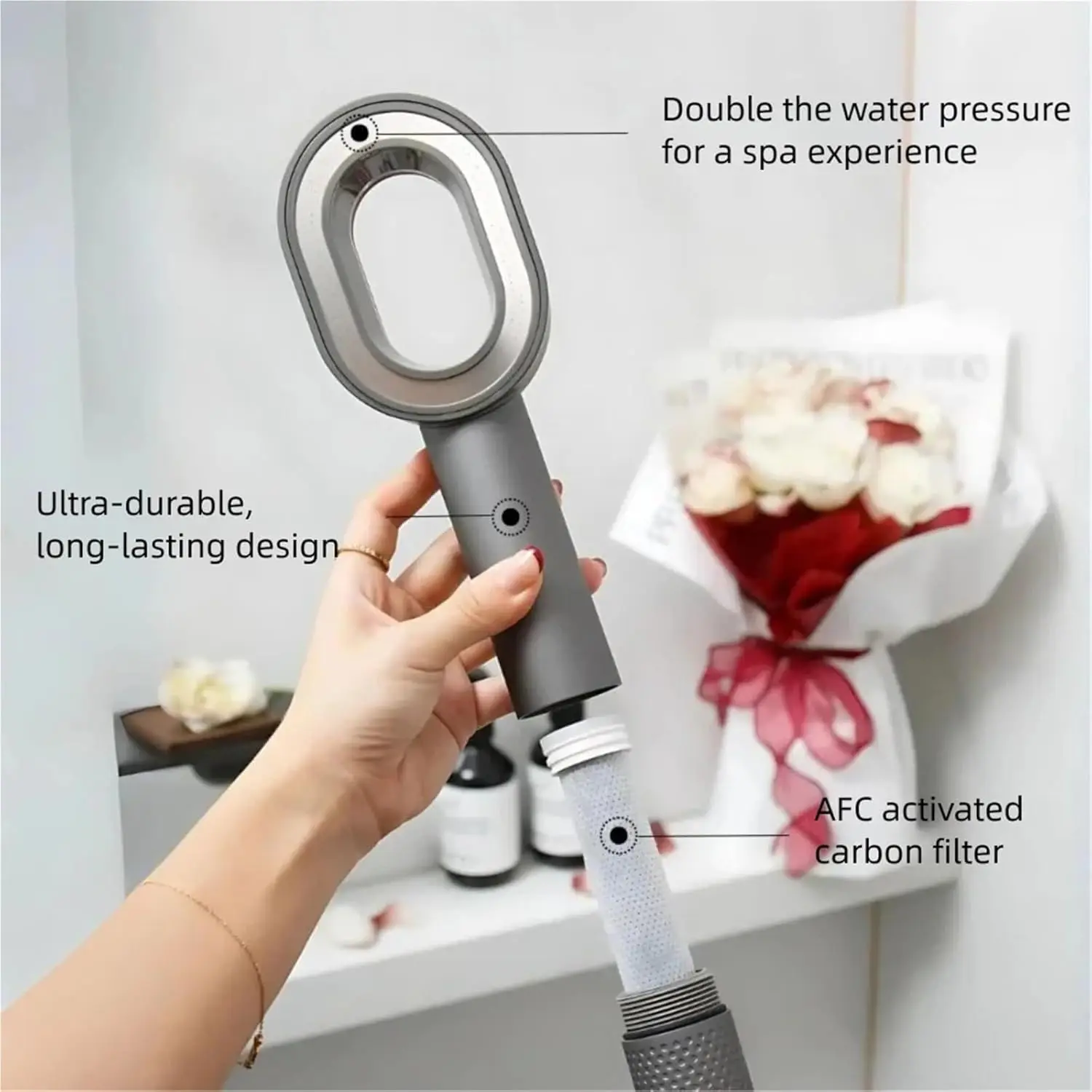 

High-pressure Handheld Filter Shower Head, Carbon Filter Element Can Remove Chlorine and Impurities in Tap Water, Care for Hair