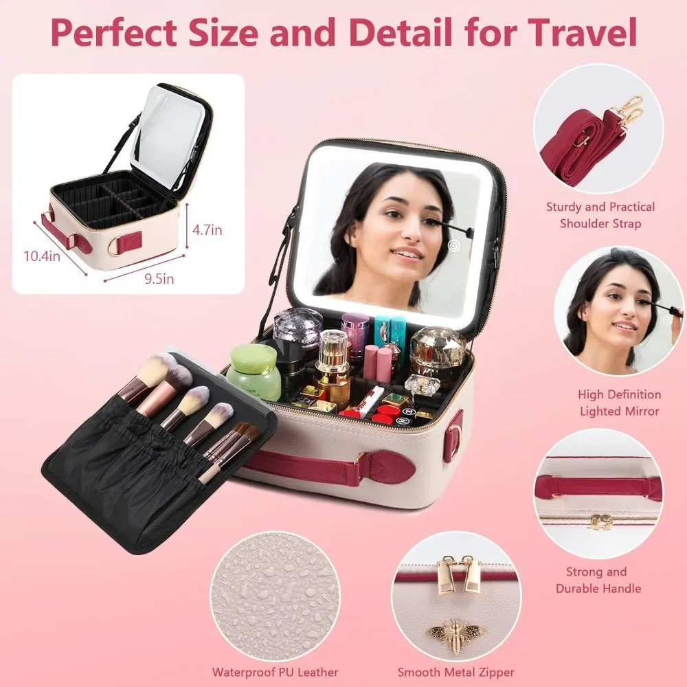 Travel Makeup Bag with Mirror of LED Lighted, Rechargeable Cosmetic Train Case Artist Makeup Organizer for Women