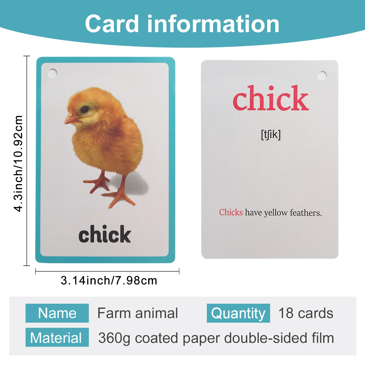 18Pcs Farm Animals Theme Educational Learning Cards Double Side Vocabulary Cognitive Flashcards for Kids Teaching Aids