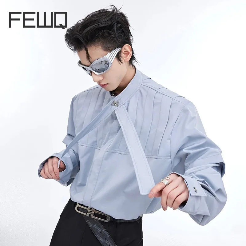 FEWQ Threedimensional Pleated Long Sleeve Shirt Men's Wear Ribbon Design Loose Stand Collar Male Clothing Niche New Trend 24Y175