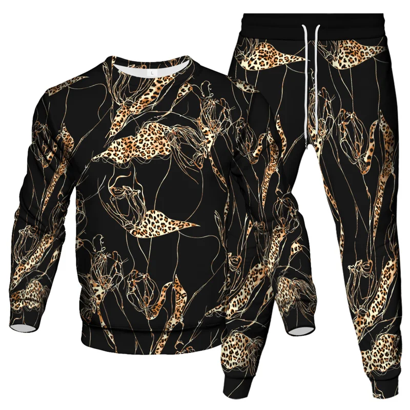 Animal Leopard 3D Print Men\'s Sportswear Set Casual Long-Sleeved T Shirt Pants 2-Piece Set Oversized Pullover Men Clothing