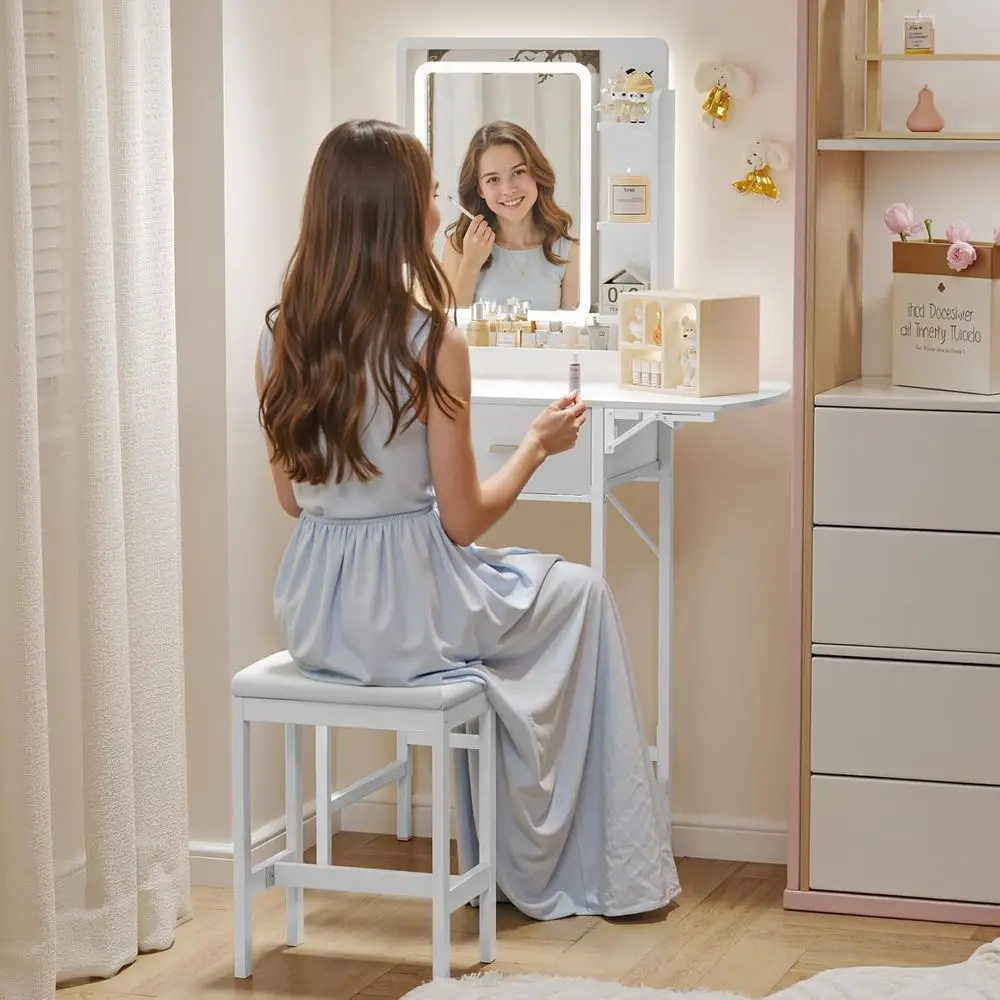Meja Rias Kompak dengan Cermin untuk Ruang Sempit: Set Meja Mini Putih untuk Kamar Tidur Anak Perempuan