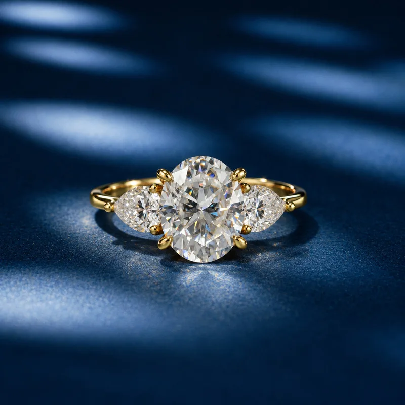 18k Gold 7ct Oval Moissanite Ring For Women, Pear-Shaped With Three Diamond Light Luxury Wedding Ring Jewelry Gift