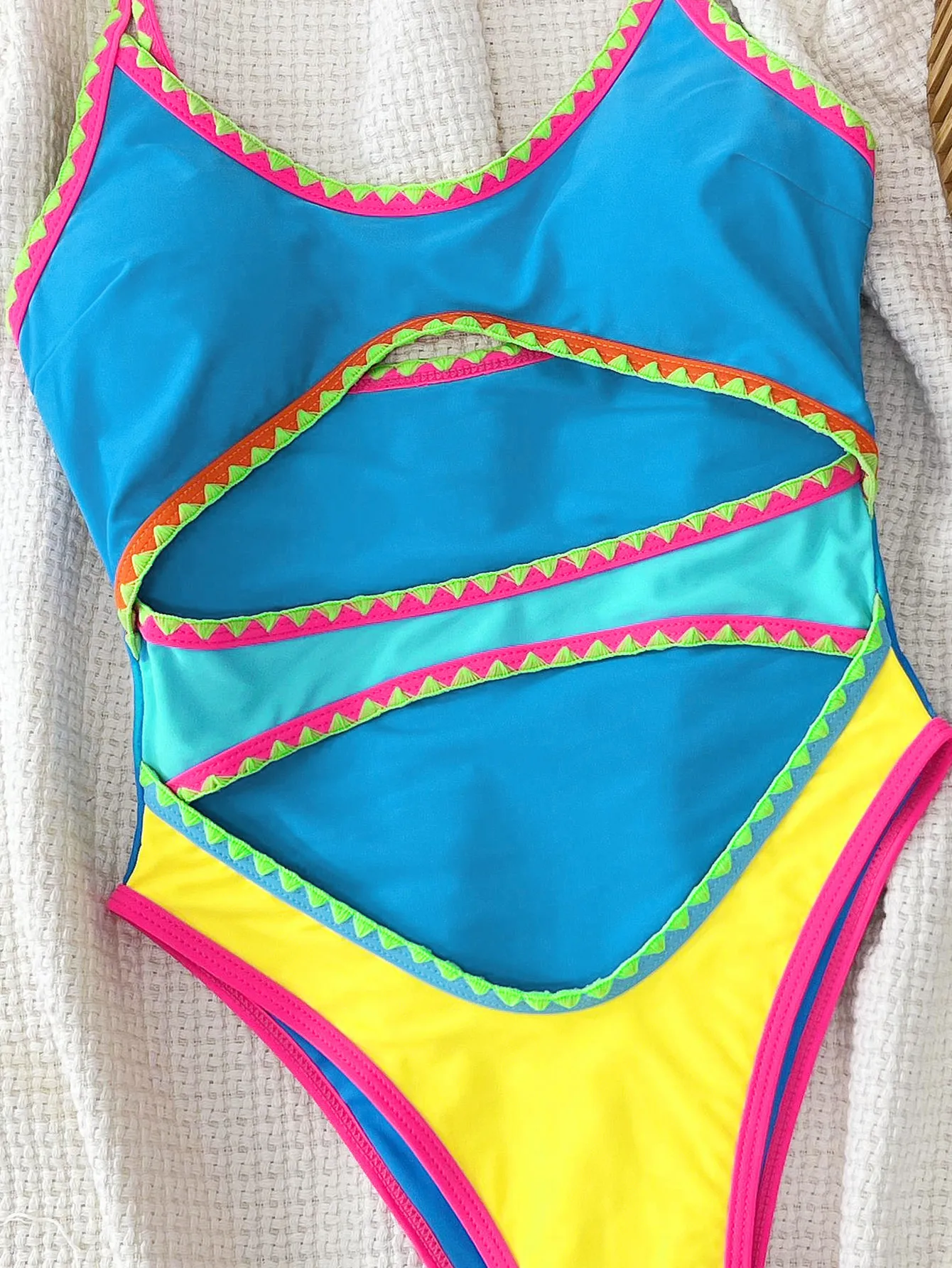 sexy blue yellow patchwork swimsuit one piece hollow thong Bikinis Swimwear Swimsuits beach outfits bodysuit biquini tankini