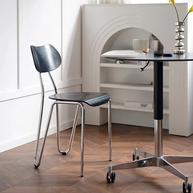 Modern style dining chair, solid wood curved plywood backrest, steel alloy frame, stackable, vintage home furniture
