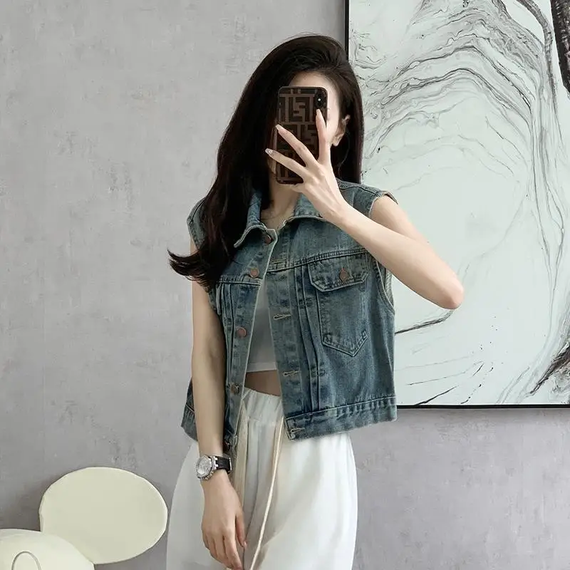 Retro Denim Jacket Women New Summer Fashionable Temperament Layered Sleeveless Camisole Vest Small Stature Short Top