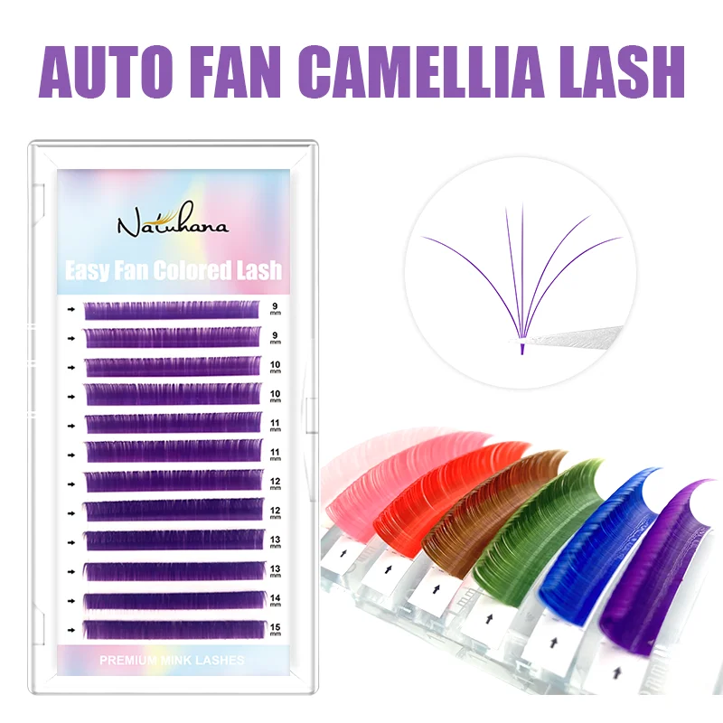 NATUHANA Easy Fan Colored Eyelashes Auto Fan Fast Fanning Fake Lashes PBT Mink Rainbow False Eyelash Extension for Makeup