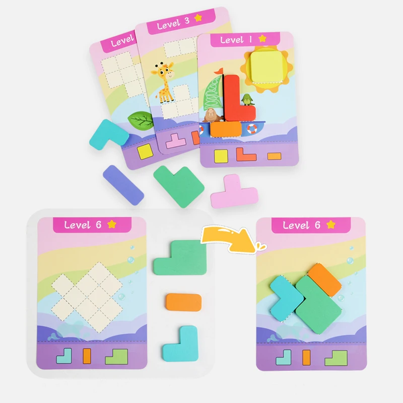 Juguete educativo de rompecabezas de madera, 7 bloques de construcción de colores de madera y 9 tarjetas de desafío de doble cara, juego de capacidad de pensamiento de ejercicio