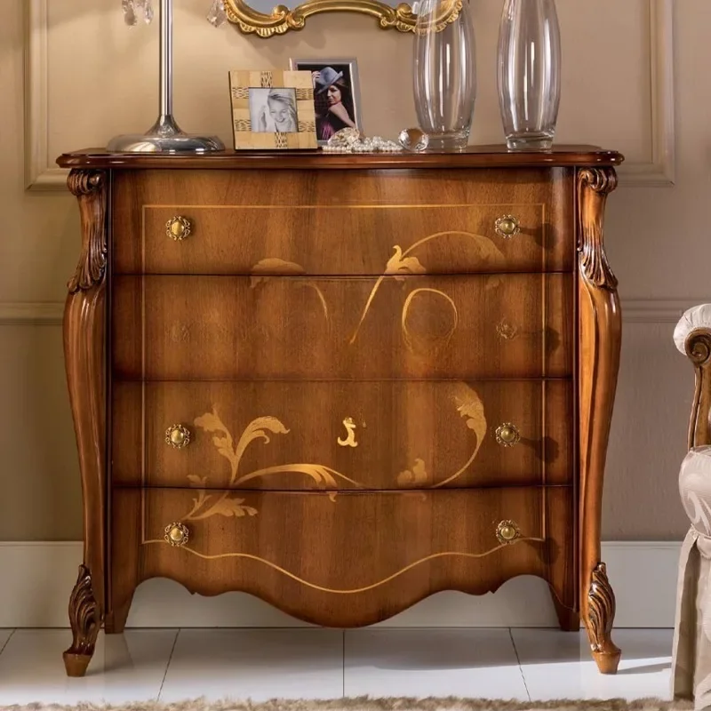 French retro solid wood carving flower entrance cabinet living room painted decorative cabinet multi-drawer locker chest cabinet