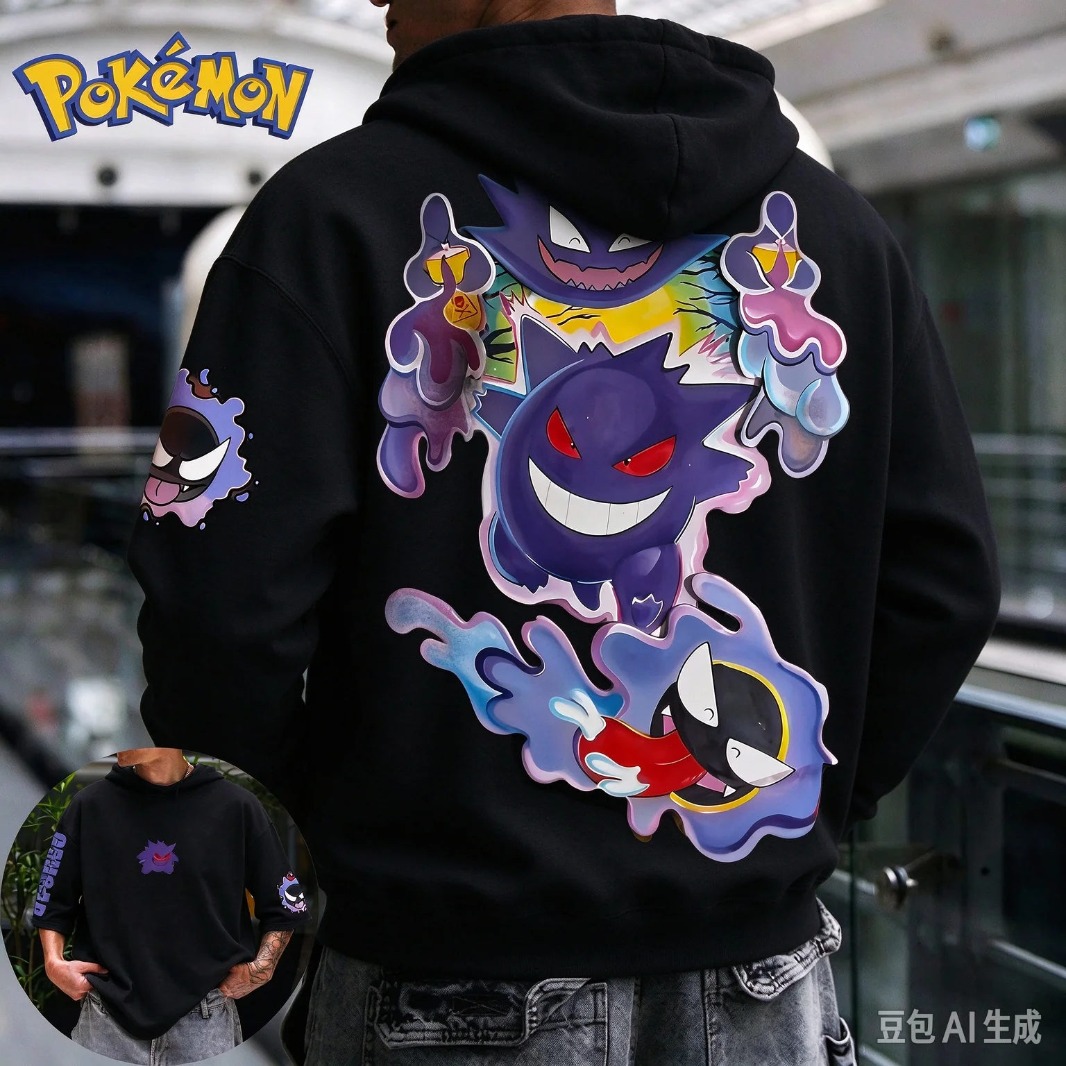 Pokémon Ghost Elf Color Graffiti Retro Hoodie Tide Painted Print 2026 Summer Men's and Women's Short Sleeved Parent Child Top