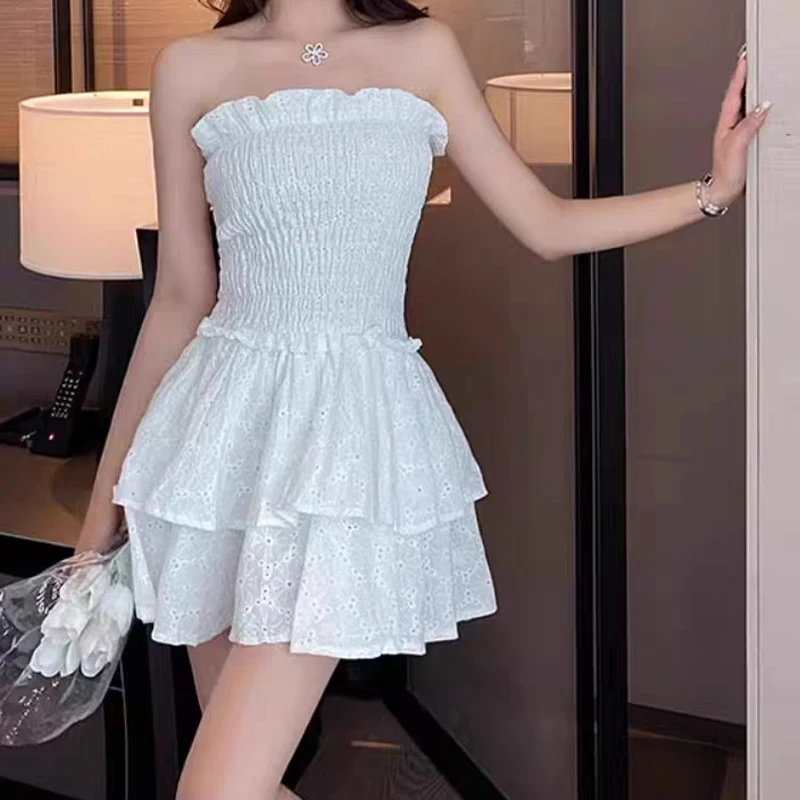 Houzhou weiße Spitze träger loses Mini kleid süß sexy rücken frei Gürtel Taille Rüschen lässig schlanke Kleider Party Urlaub kurzes Kleid