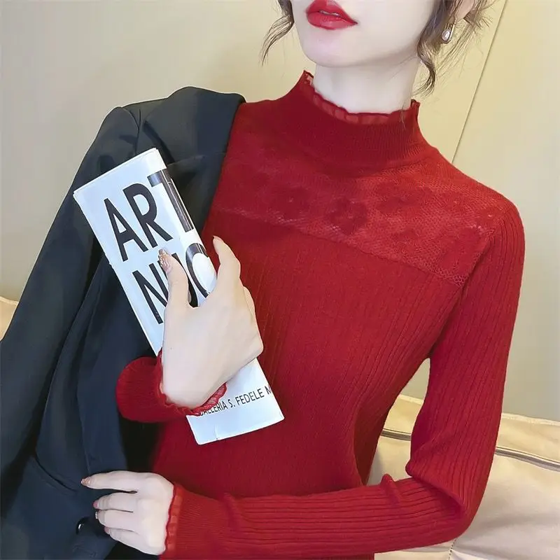 Elegant Slim Lace Spliced Solid Knitted T-shirt Autumn Winter Women\'s Clothing Long Sleeve Half High Collar Fashion Sweaters