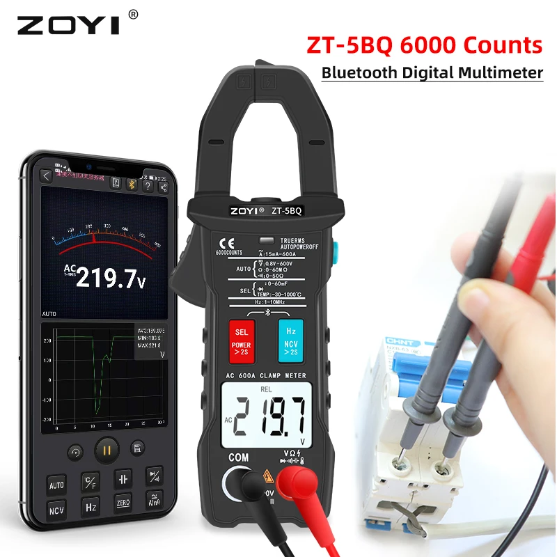 Imagem -02 - Zoyi Amperímetro Auto Rang Capacitor Ncv te Digital Clamp Meter Zt5bq Tecnologia sem Fio Multímetro Inteligente True Rms Voltímetro