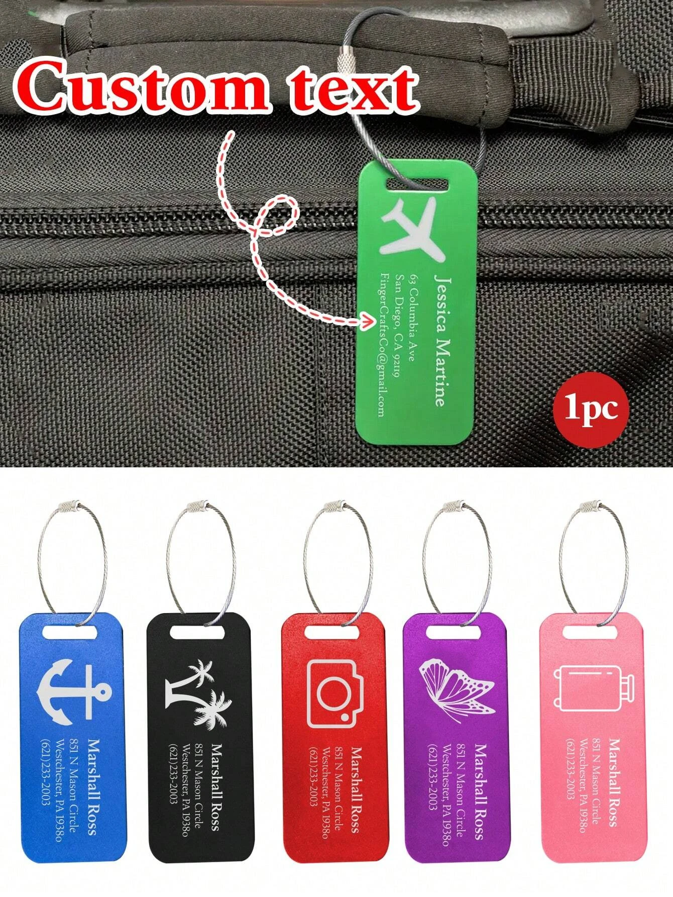 Étiquette de bagage en métal personnalisée 3*7.6CM, étiquette de bagage en aluminium personnalisée, 1 étiquette de nom personnalisée pour sac à dos de valise, étiquette de voyage personnalisée